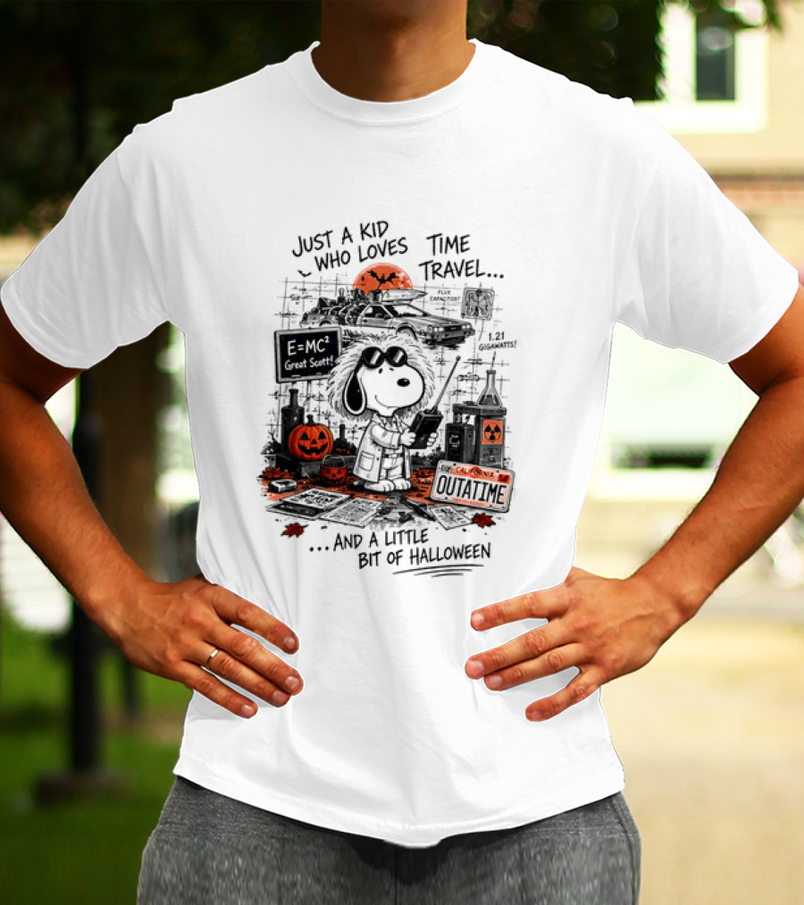 Snoopy Just A Kid Who Loves Time Travel Halloween Pumpkin Scene T-Shirt
