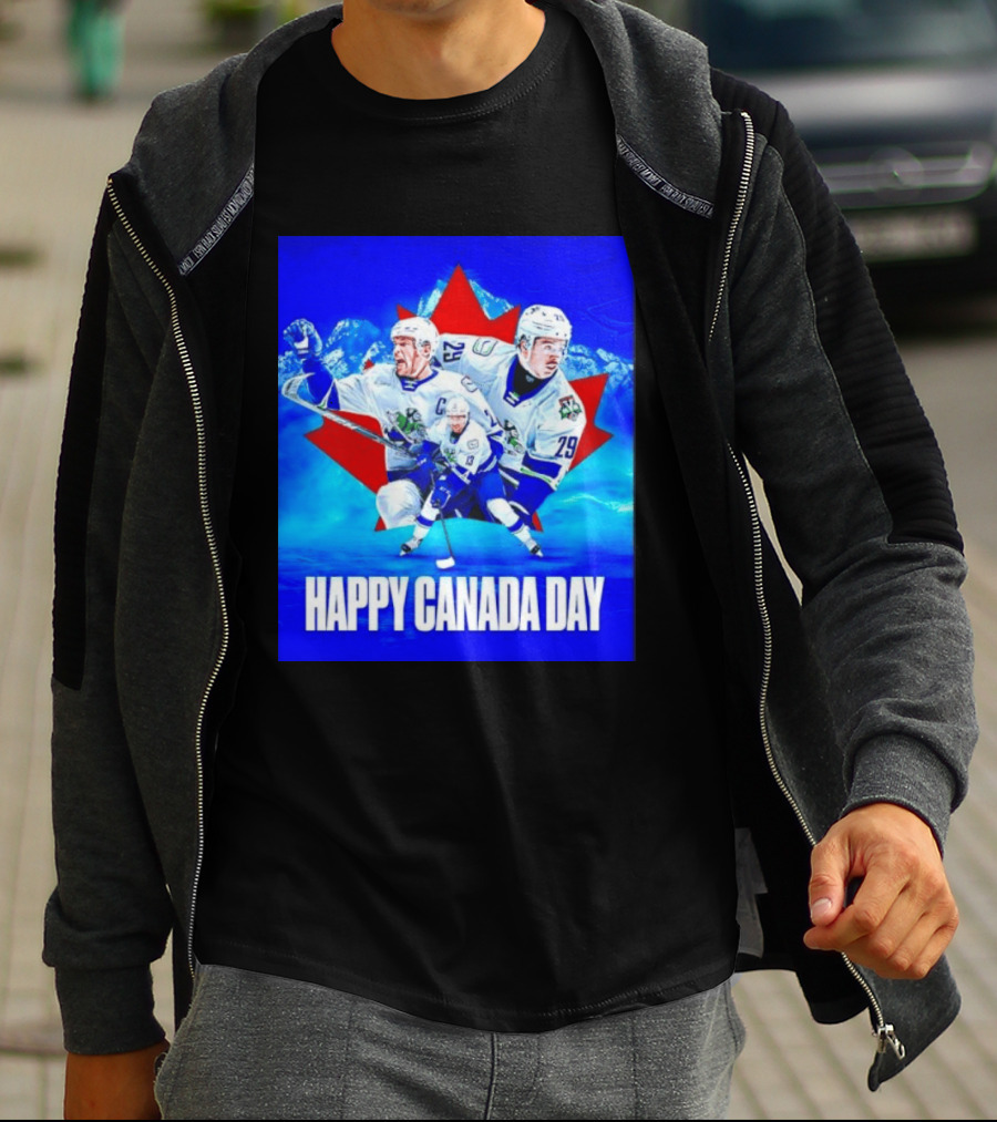 Abbotsford Canucks Happy Canada Day Celebration Collage With Hockey Players And Maple Leaf T-Shirt