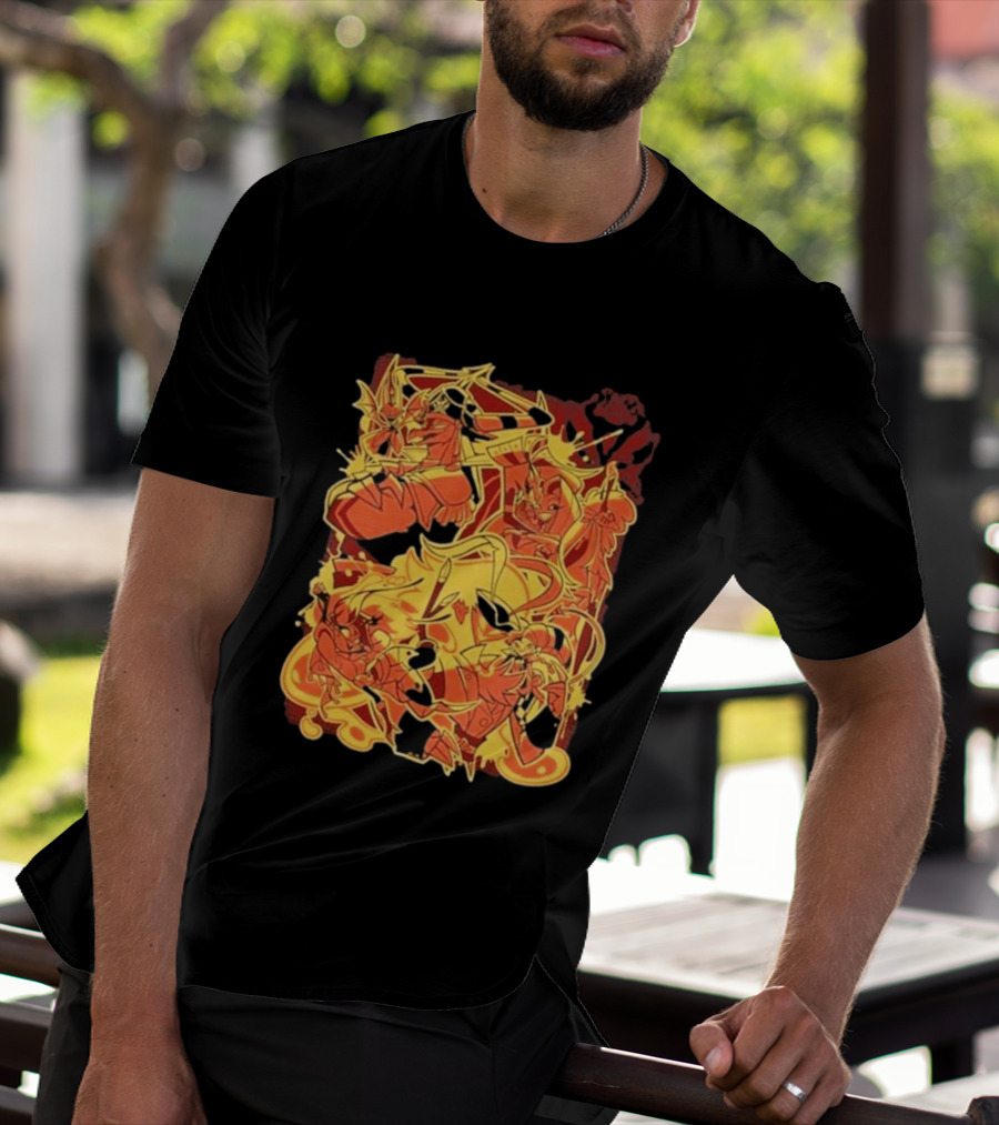 Helluva Boss Satan Characters In Fiery Yellow And Red T-Shirt