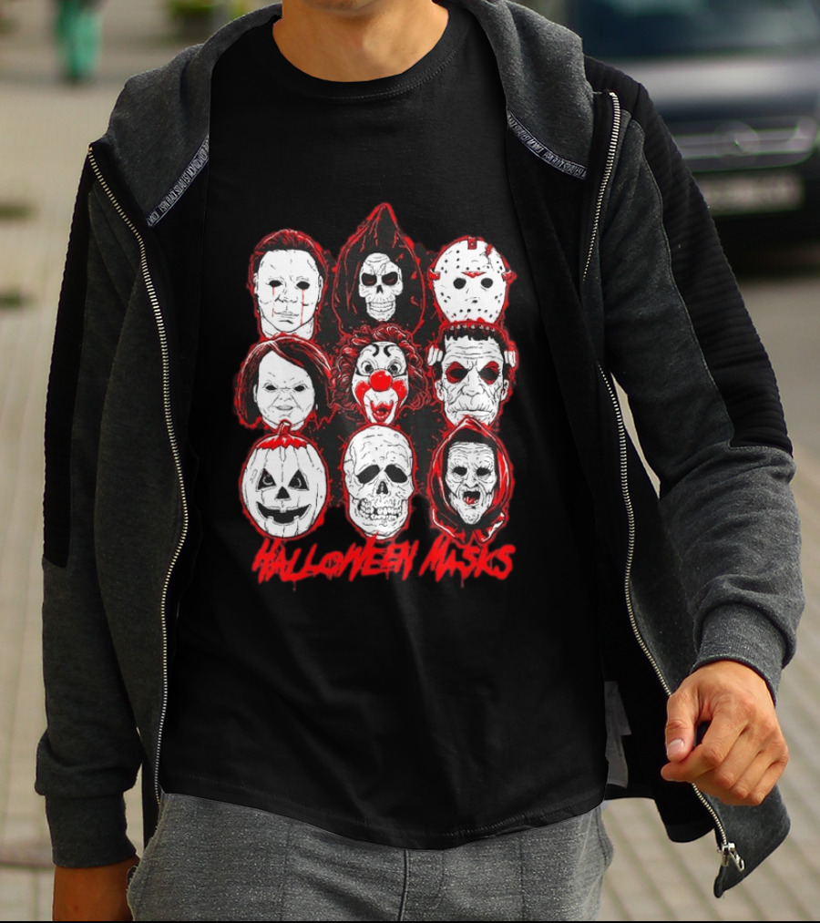Horror Movie Characters Halloween Masks Skeleton Clown Jack O' Lantern T-Shirt
