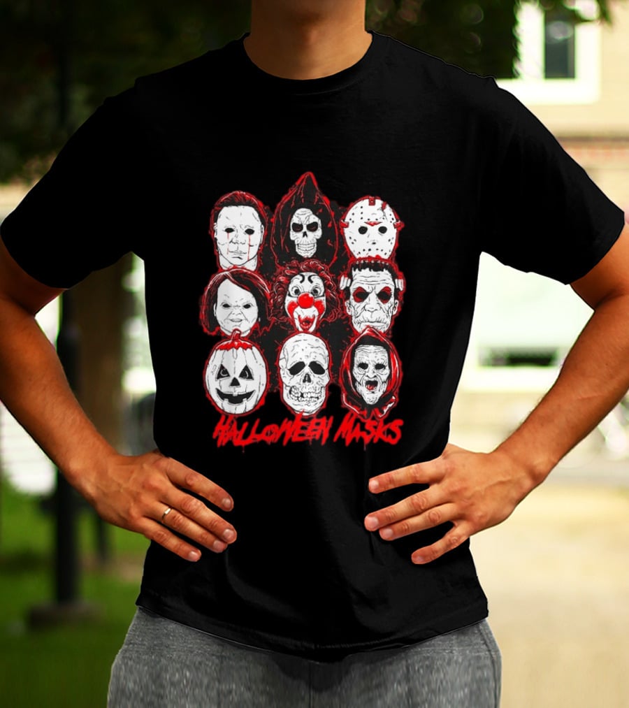 Horror Movie Characters Halloween Masks Skeleton Clown Jack O' Lantern T-Shirt