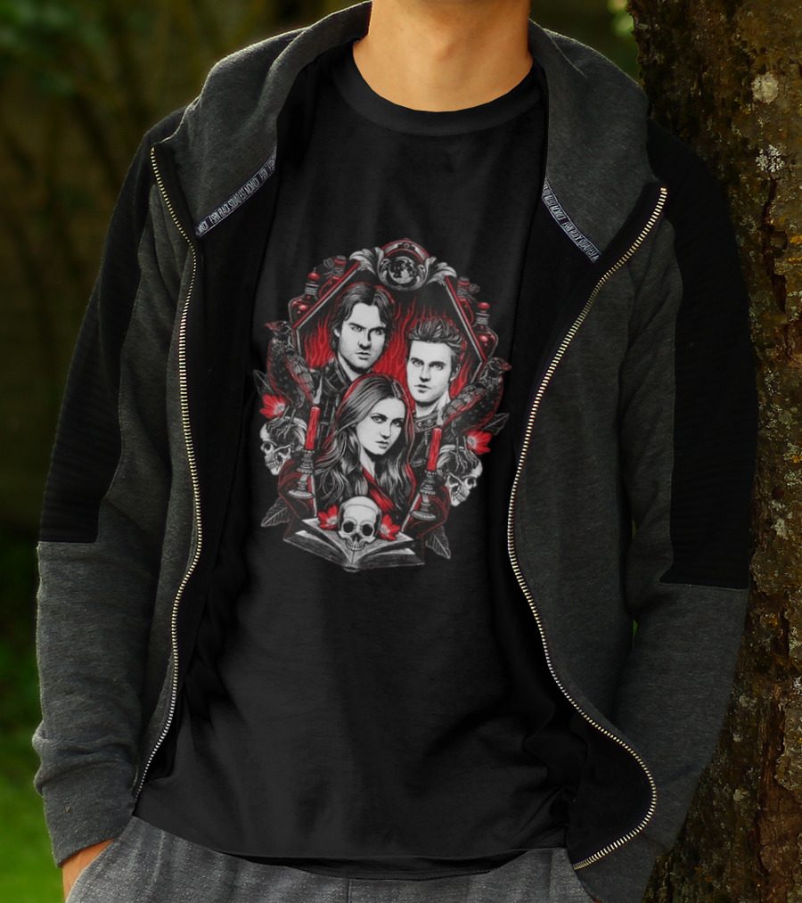 Vampire Blood The Vampire Diaries Damon Salvatore Stefan Salvatore Elena Gilbert Skull Candle Ravens T-Shirt