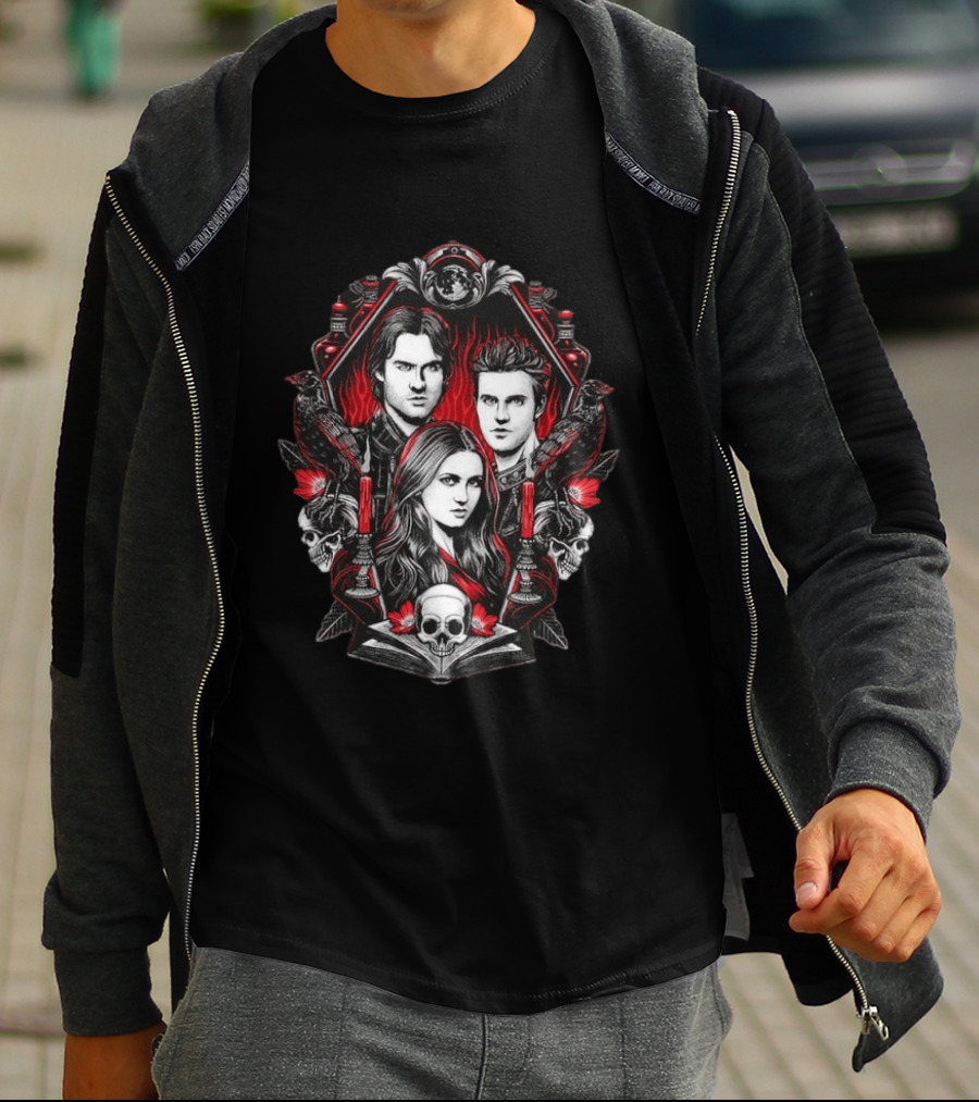 Vampire Blood The Vampire Diaries Damon Salvatore Stefan Salvatore Elena Gilbert Skull Candle Ravens T-Shirt
