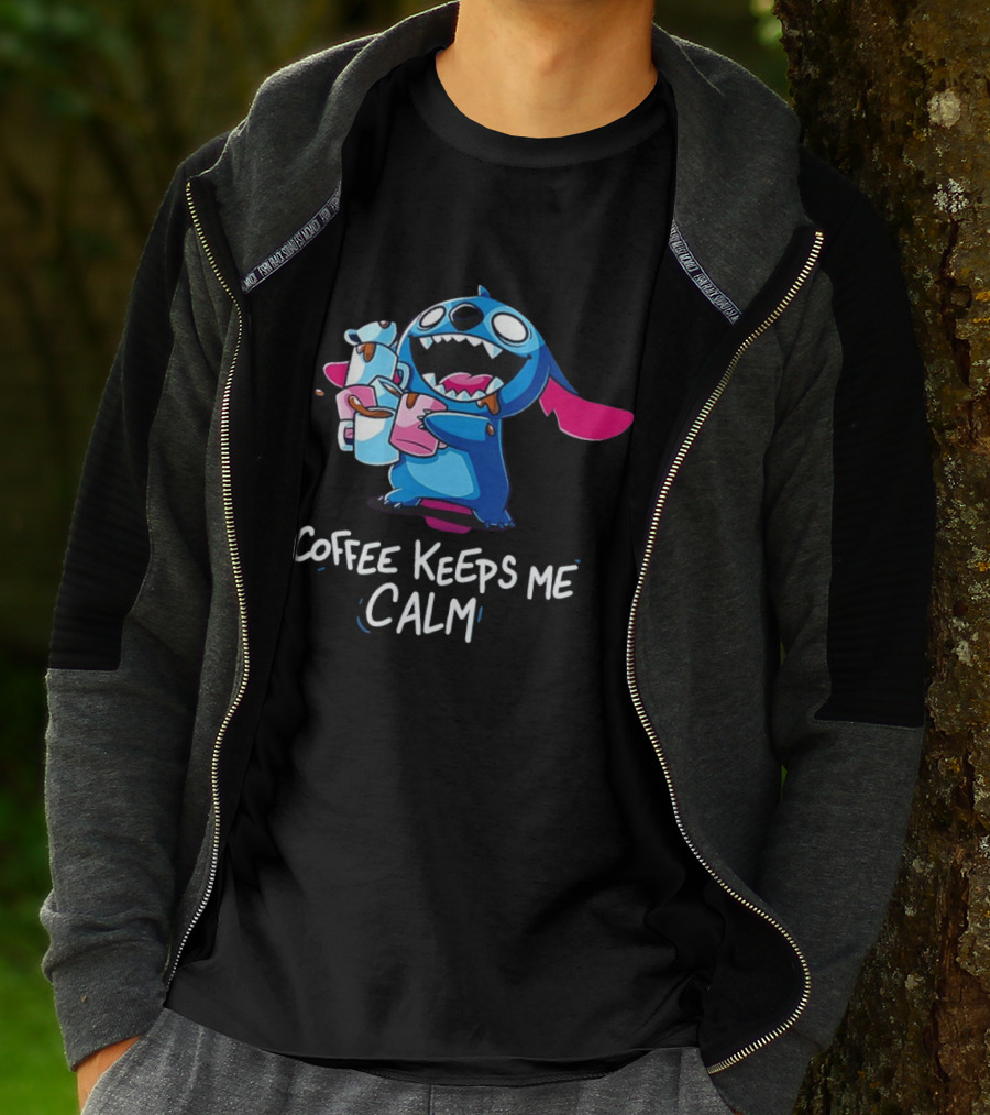 Stitch Coffee Keeps Me Calm Cute Character Drinking Coffee T-Shirt