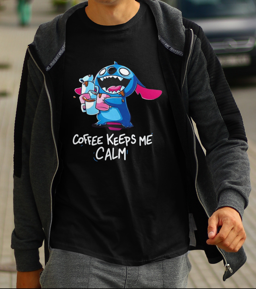 Stitch Coffee Keeps Me Calm Cute Character Drinking Coffee T-Shirt