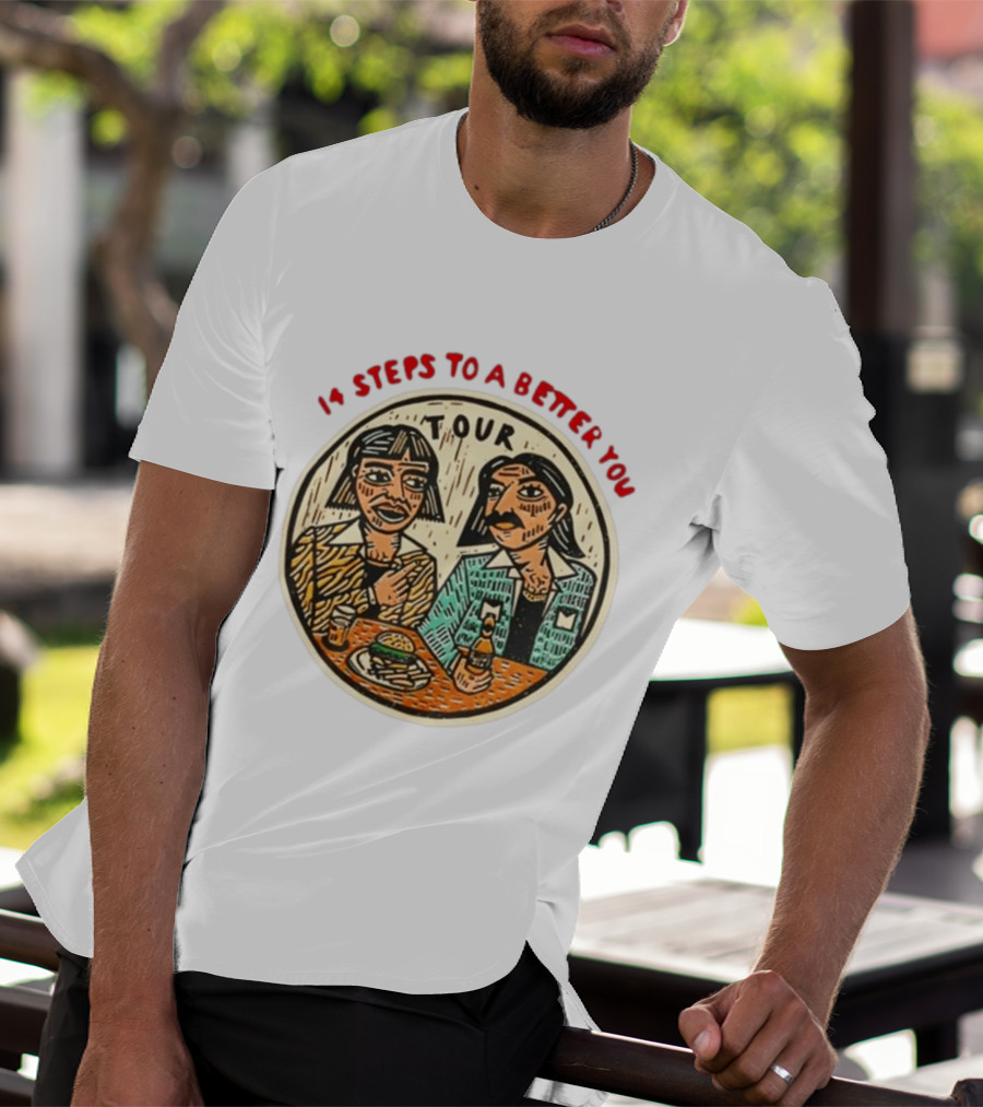 14 Steps To A Better You Tour Oval Illustration With Two Seated Individuals T-Shirt
