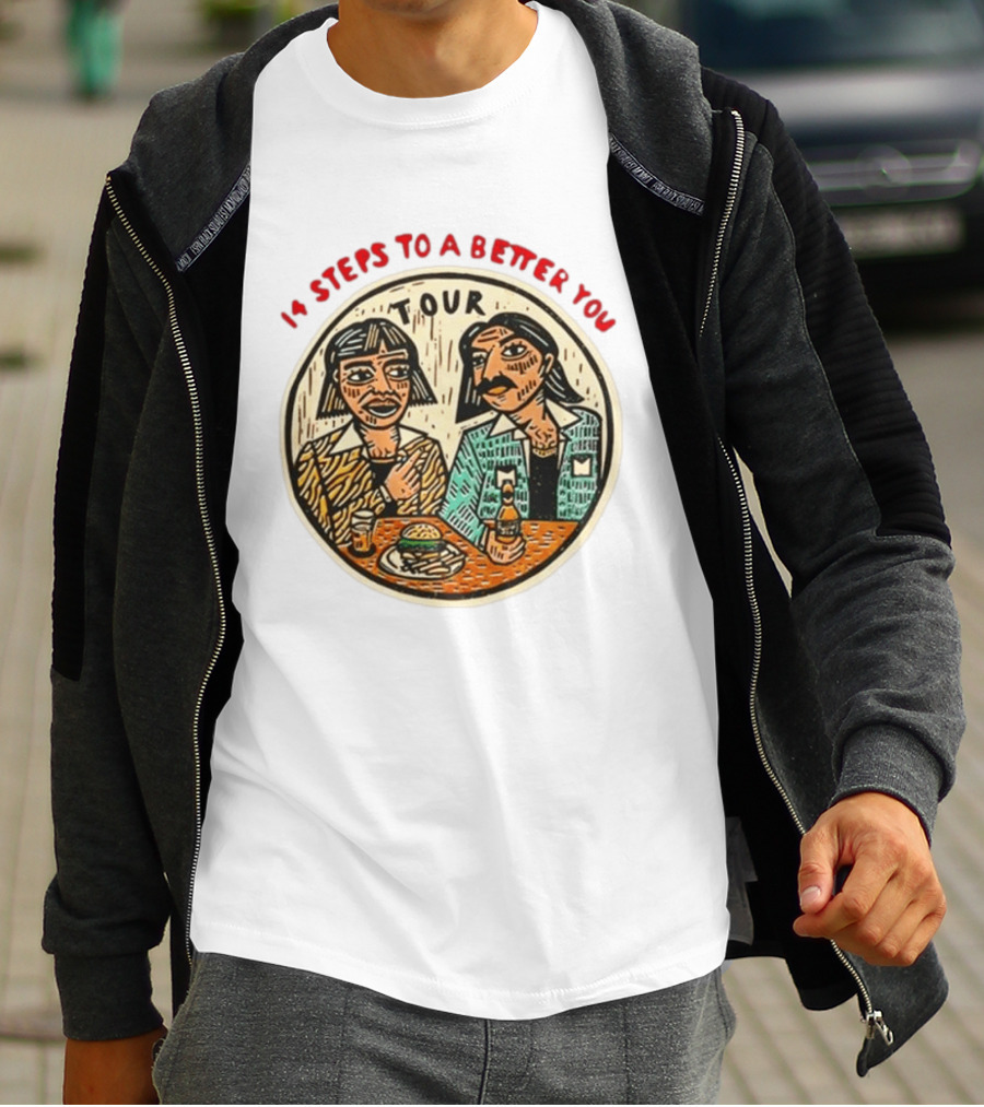 14 Steps To A Better You Tour Oval Illustration With Two Seated Individuals T-Shirt