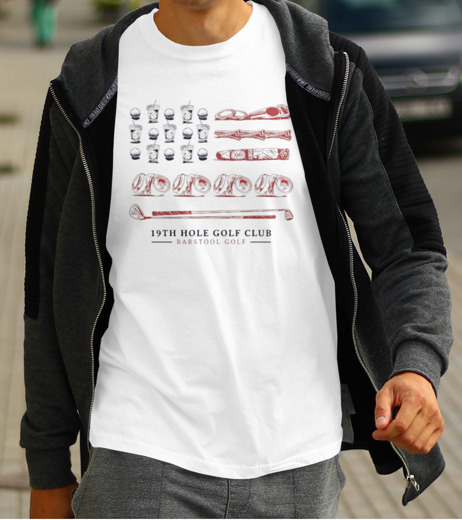 19th Hole Golf Club American Flag Bartool Golf T-Shirt