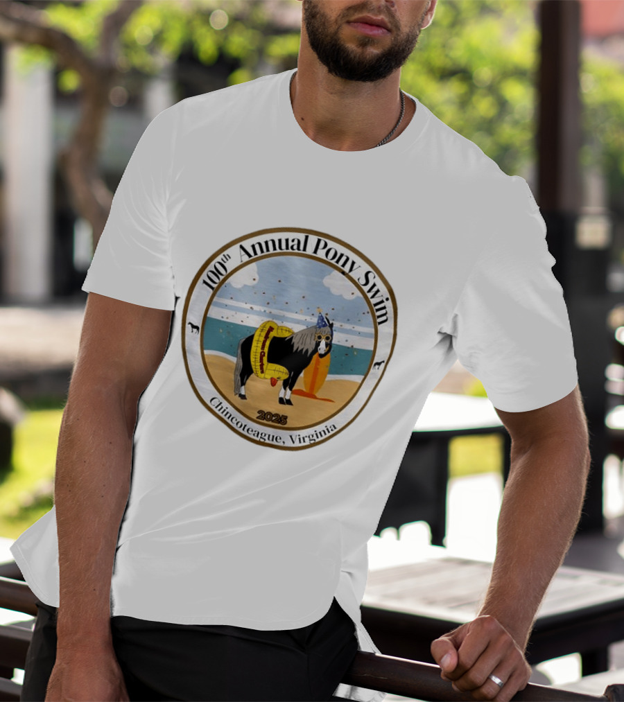 100th Annual Pony Swim Chincoteague Virginia 2025 Beach Scene With Pony And Surfboard T-Shirt