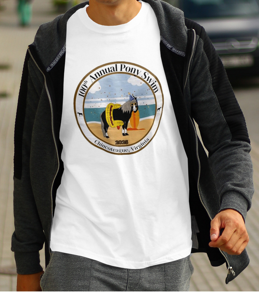 100th Annual Pony Swim Chincoteague Virginia 2025 Beach Scene With Pony And Surfboard T-Shirt