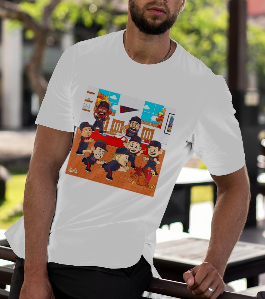 Cincinnati Reds Thanksgiving Chaos Cartoon Scene With Characters And Turkey T-Shirt