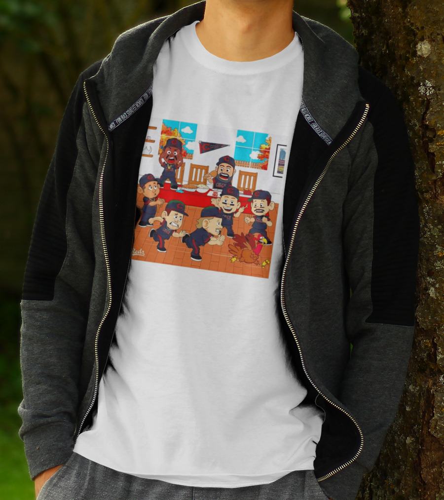 Cincinnati Reds Thanksgiving Chaos Cartoon Scene With Characters And Turkey T-Shirt