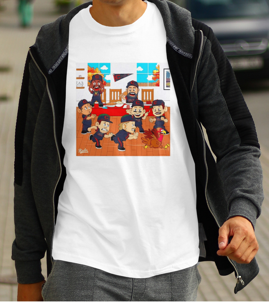 Cincinnati Reds Thanksgiving Chaos Cartoon Scene With Characters And Turkey T-Shirt