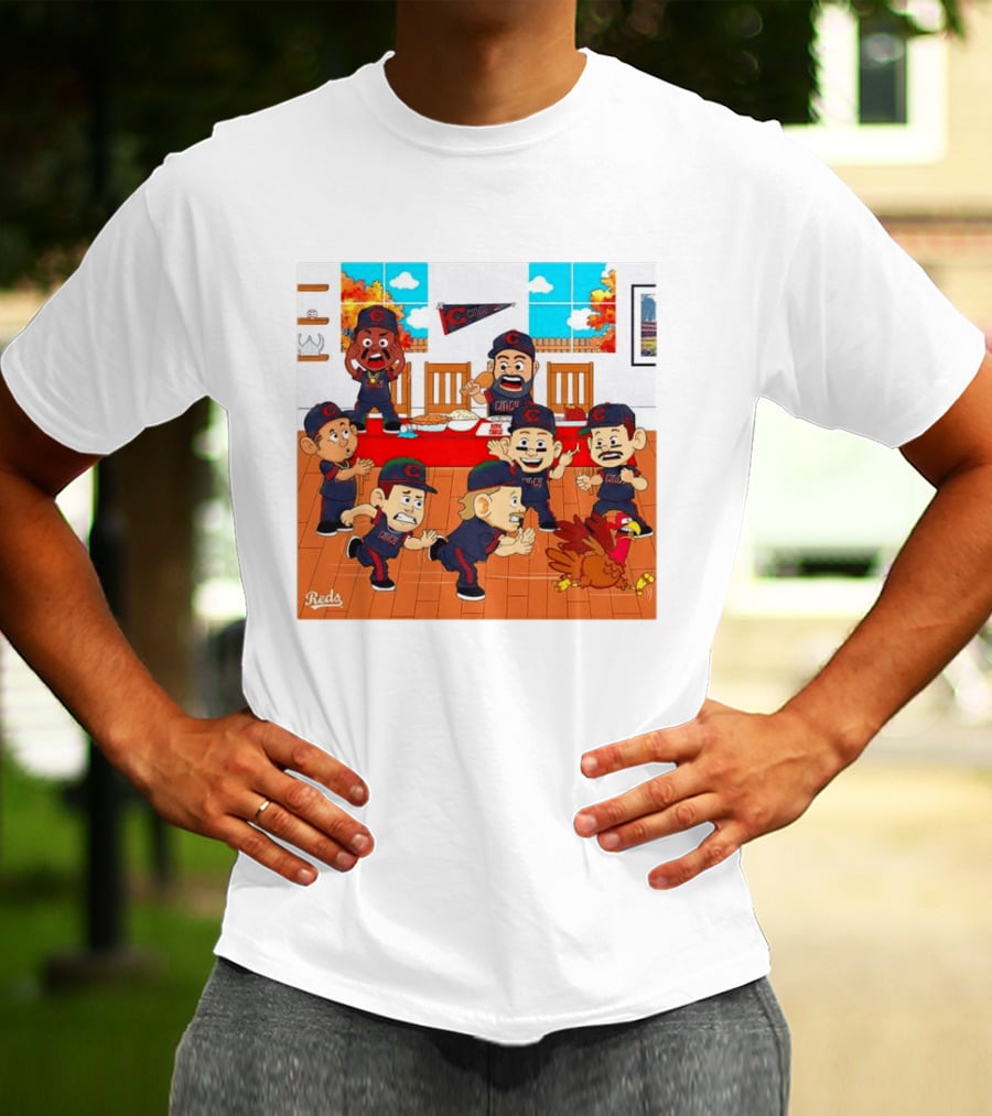 Cincinnati Reds Thanksgiving Chaos Cartoon Scene With Characters And Turkey T-Shirt