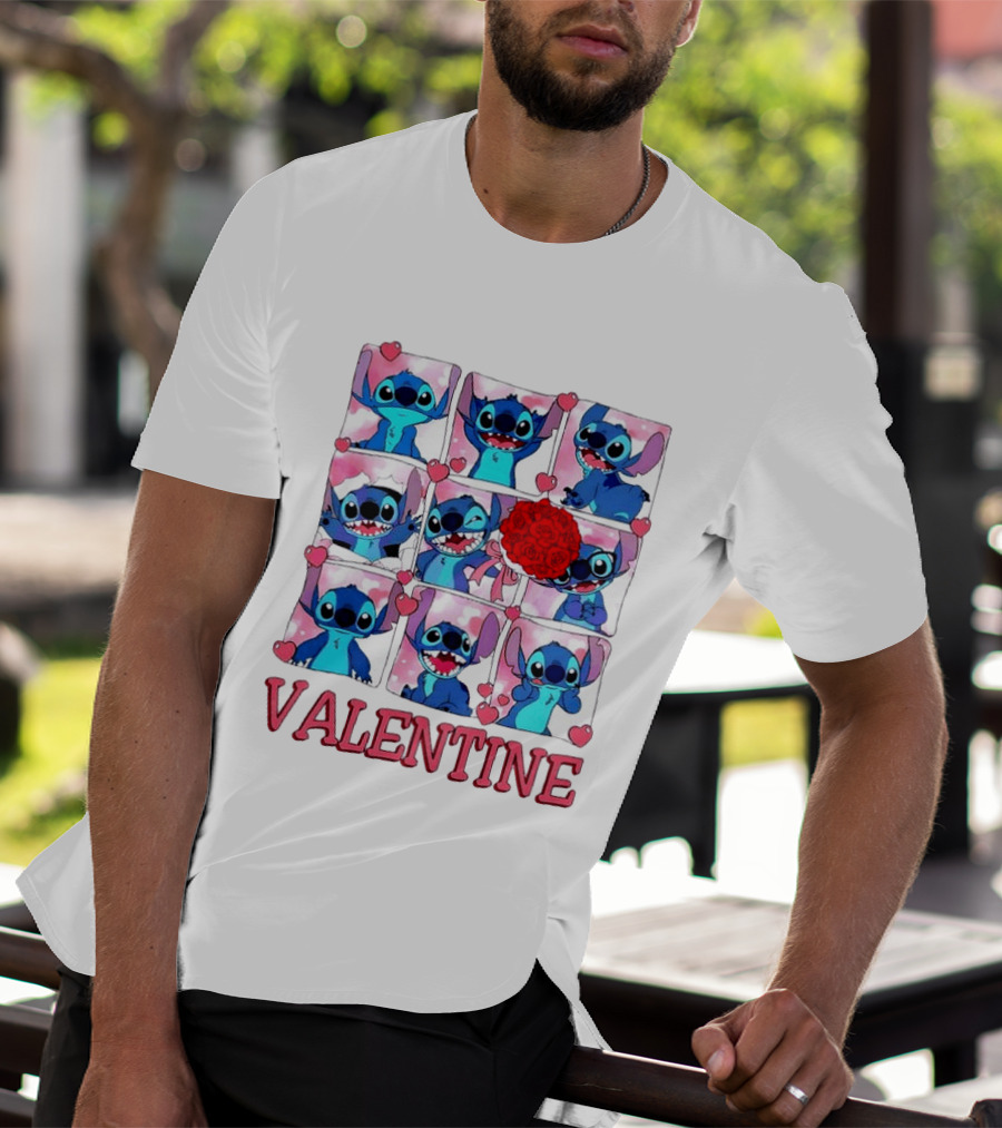 Disney Stitch Rose Flowers Valentine Love Hearts Happy Day T-Shirt