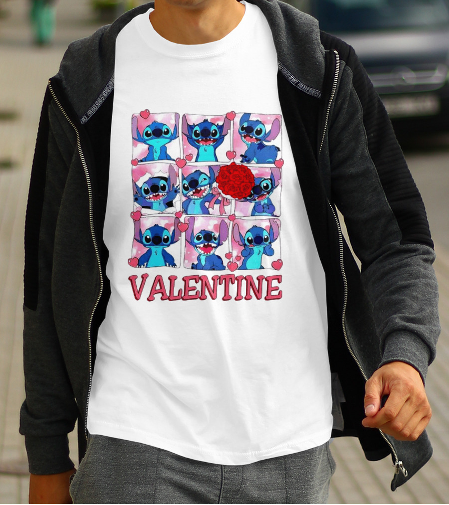 Disney Stitch Rose Flowers Valentine Love Hearts Happy Day T-Shirt