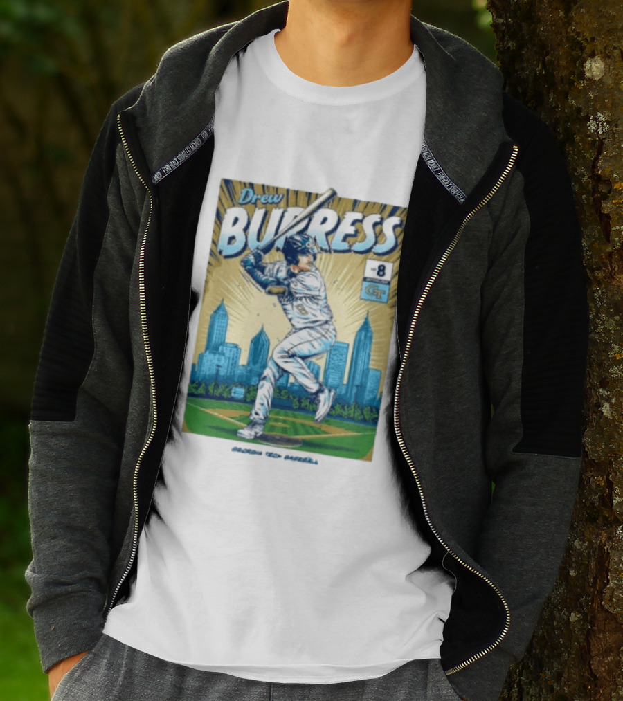 Drew Burress #8 Georgia Tech Baseball Comic Style Retro Cityscape T-Shirt