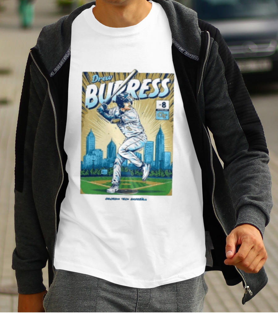 Drew Burress #8 Georgia Tech Baseball Comic Style Retro Cityscape T-Shirt