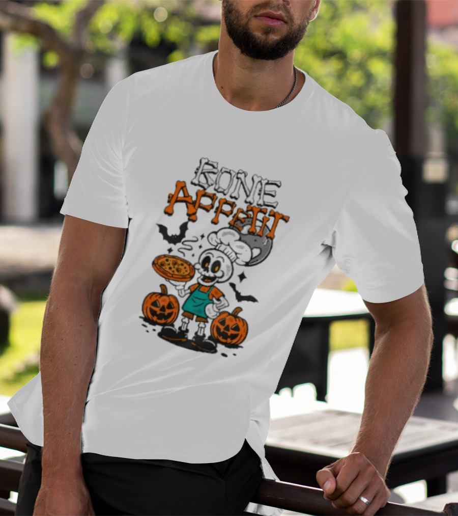 Bone Appetit Skeleton Chef Halloween Pizza Pumpkin Bats T-Shirt