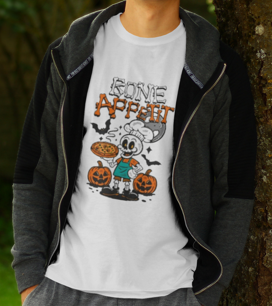 Bone Appetit Skeleton Chef Halloween Pizza Pumpkin Bats T-Shirt