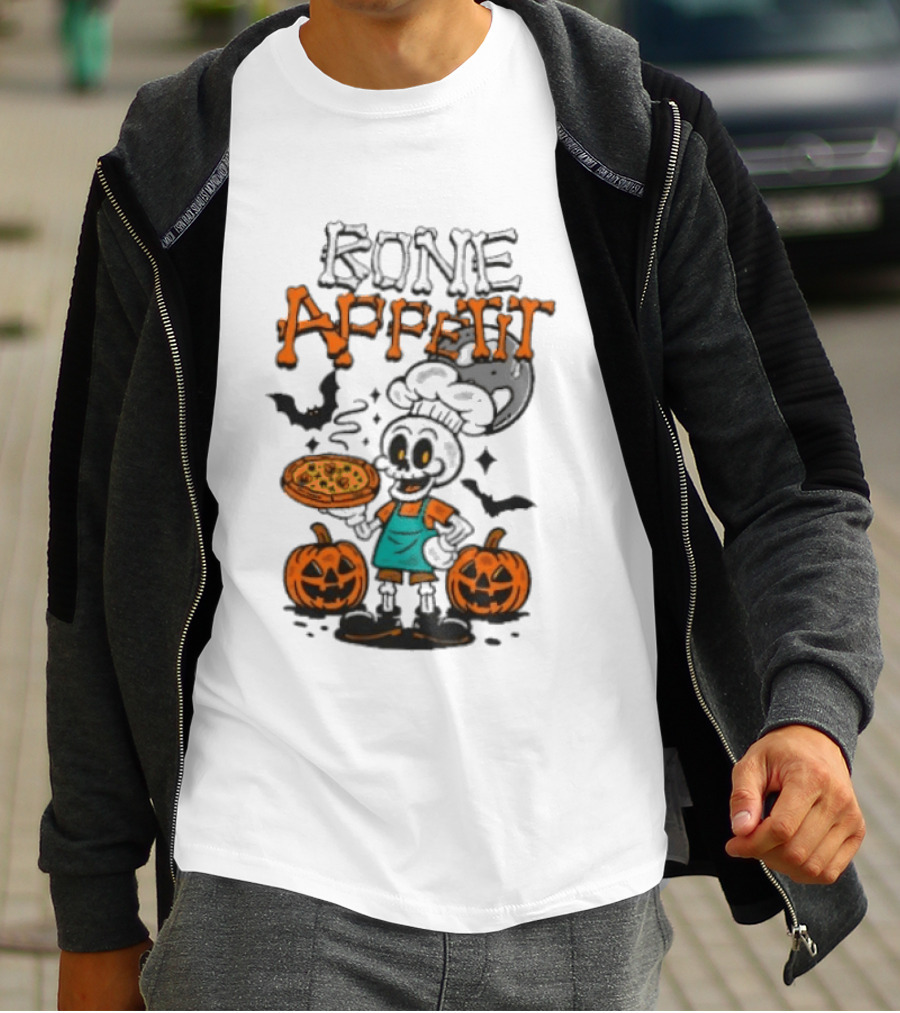 Bone Appetit Skeleton Chef Halloween Pizza Pumpkin Bats T-Shirt