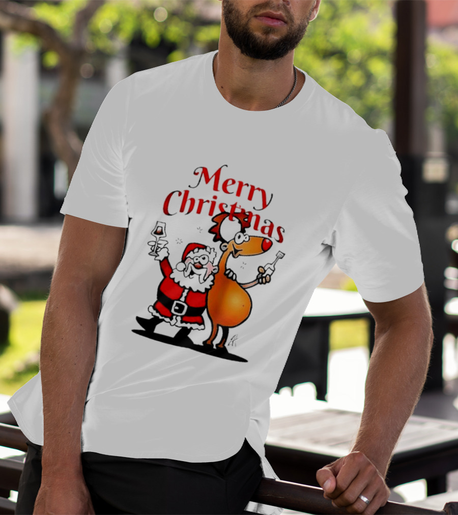 Merry Christmas Santa Claus And Reindeer Toast With Drinks T-Shirt