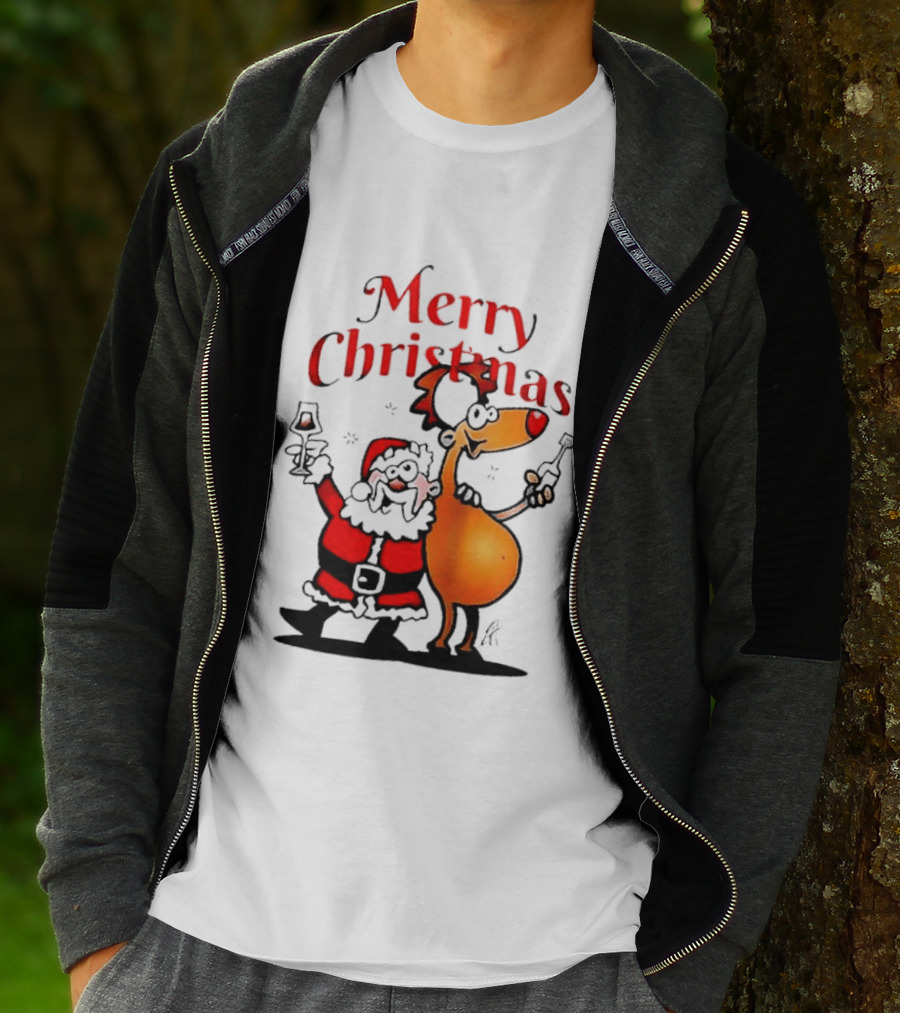 Merry Christmas Santa Claus And Reindeer Toast With Drinks T-Shirt