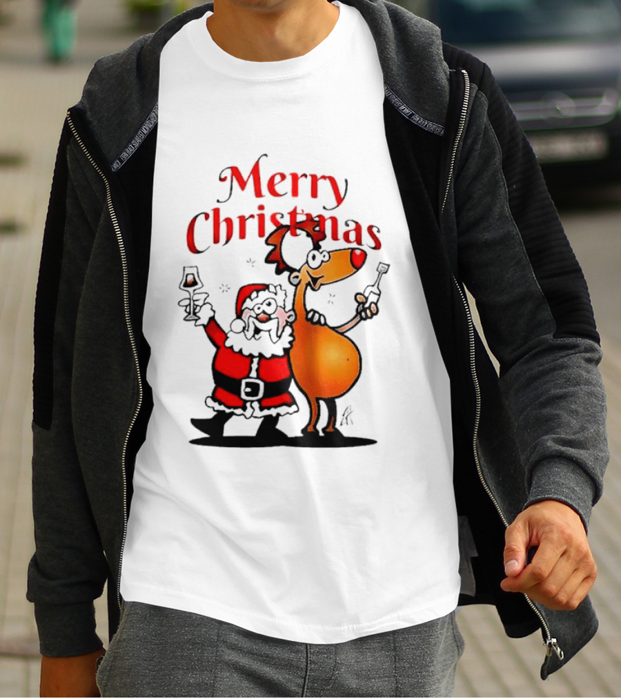 Merry Christmas Santa Claus And Reindeer Toast With Drinks T-Shirt