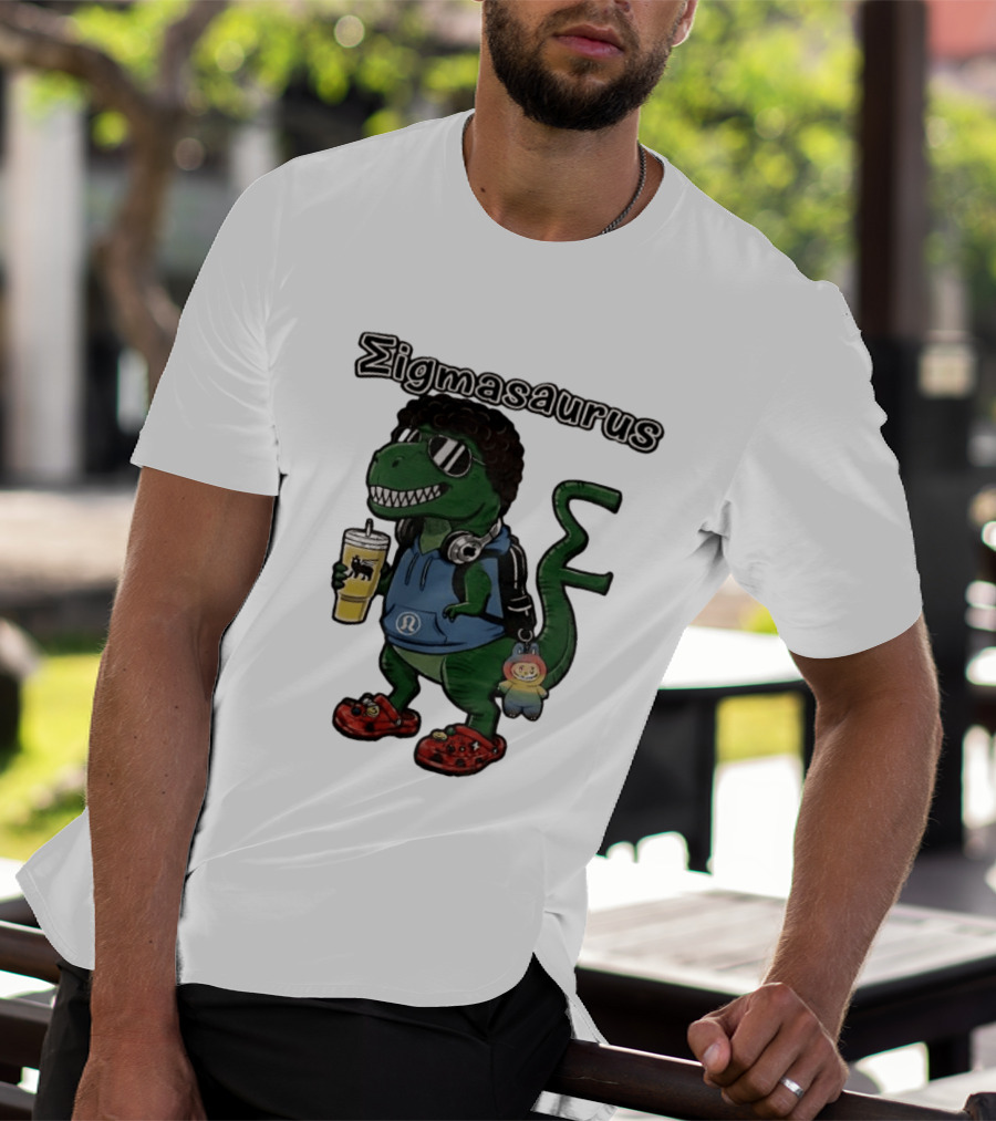 Sigmasaurus Rex Dinosaur Meme With Afro Sunglasses Headphones And Drink T-Shirt