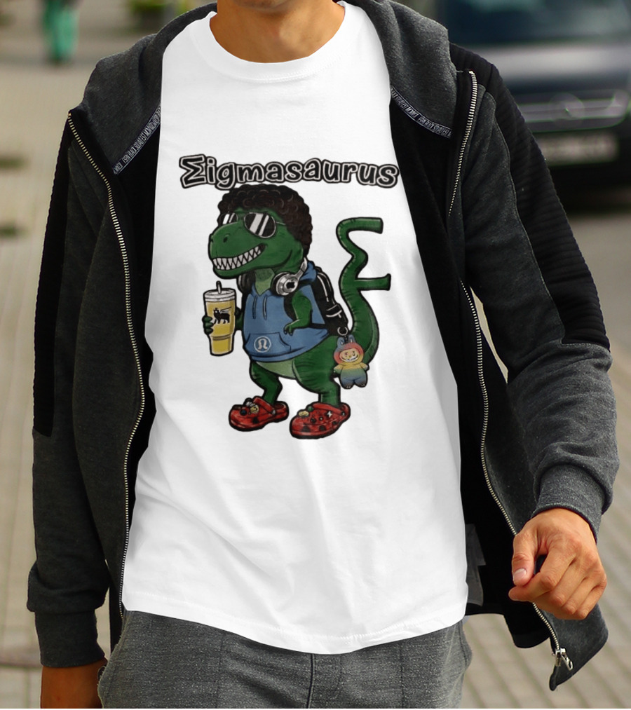 Sigmasaurus Rex Dinosaur Meme With Afro Sunglasses Headphones And Drink T-Shirt