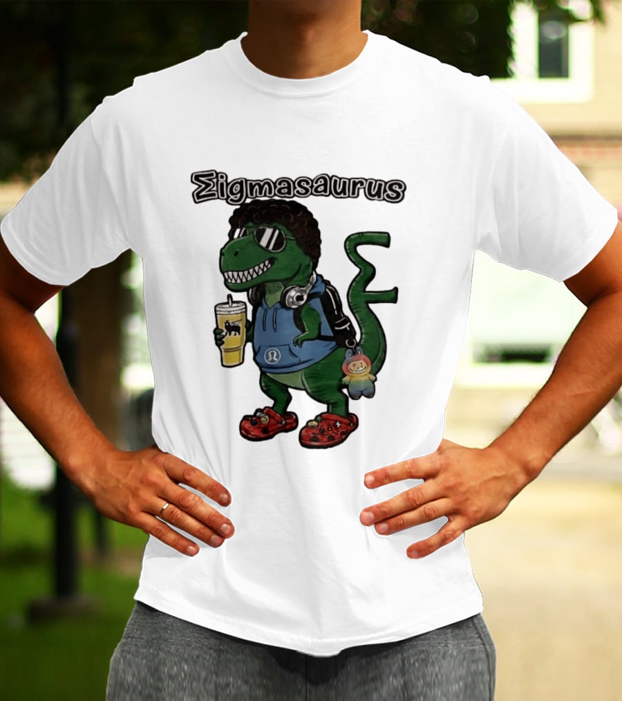 Sigmasaurus Rex Dinosaur Meme With Afro Sunglasses Headphones And Drink T-Shirt
