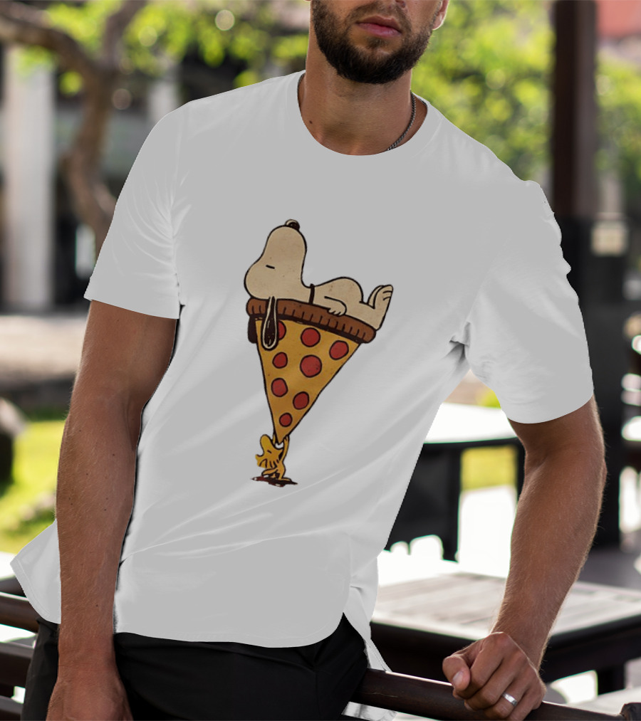 Snoopy Relaxing On Giant Pizza Slice With Woodstock Peanuts Collection T-Shirt