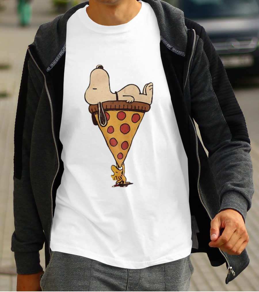 Snoopy Relaxing On Giant Pizza Slice With Woodstock Peanuts Collection T-Shirt