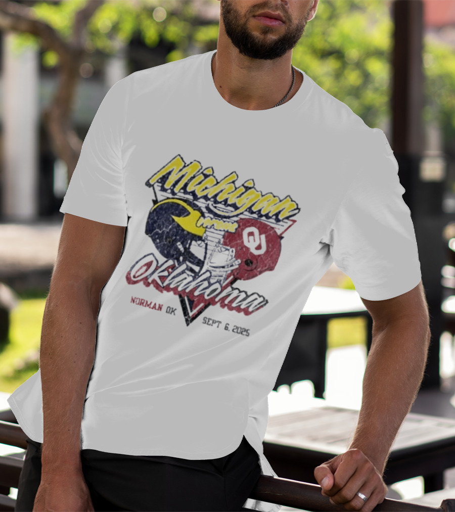 Oklahoma Sooners Vs Michigan Wolverines Football Helmet Norman OK September 6 2025 T-Shirt