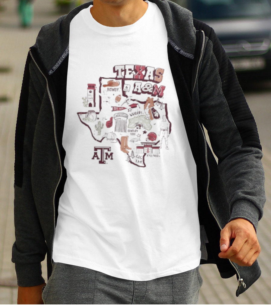 Texas A&M Aggies Map With Iconic Symbols And Landmarks T-Shirt