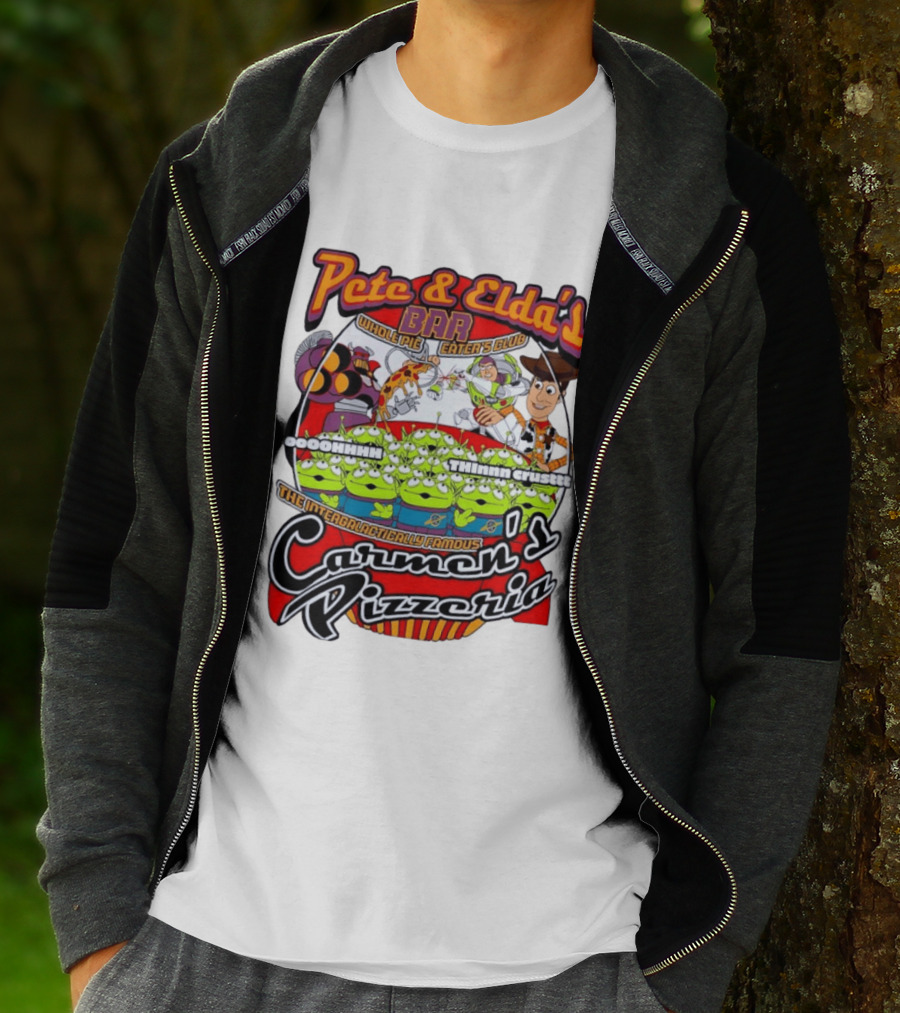Pete And Elda's Whole Pie Eater's Club Carmen's Pizzeria Woody Buzz Lightyear Aliens T-Shirt