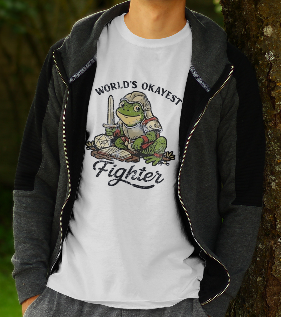World's Okayest Fighter Frog In Armor With D20 Dice And Sword T-Shirt