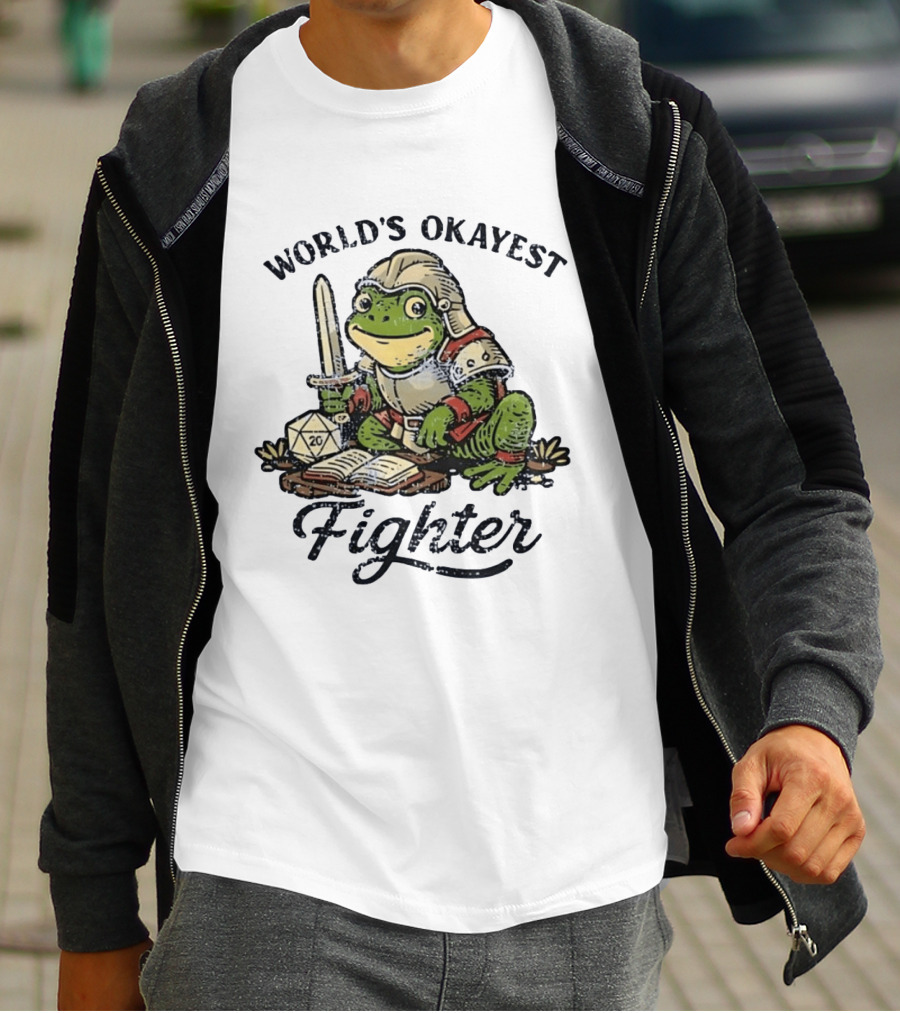 World's Okayest Fighter Frog In Armor With D20 Dice And Sword T-Shirt