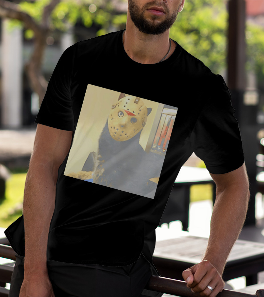Black Cat In Horror Movie Jason Voorhees Mask T-Shirt