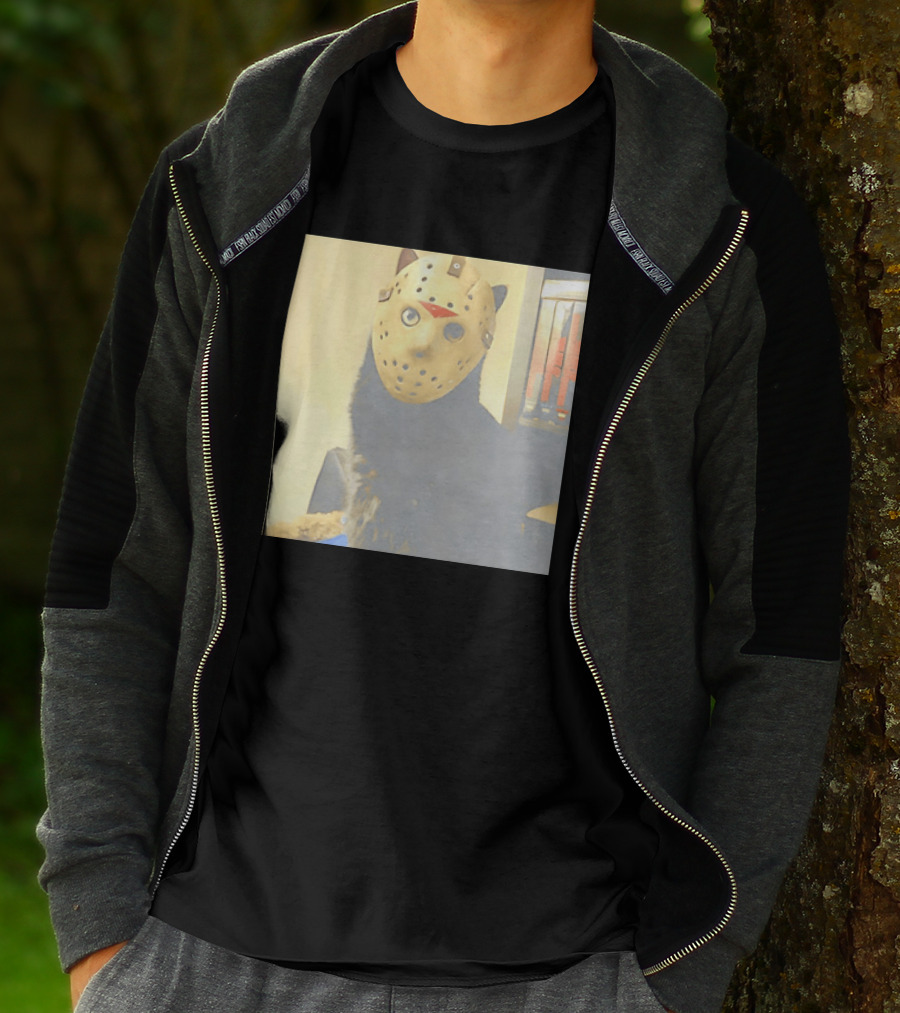 Black Cat In Horror Movie Jason Voorhees Mask T-Shirt
