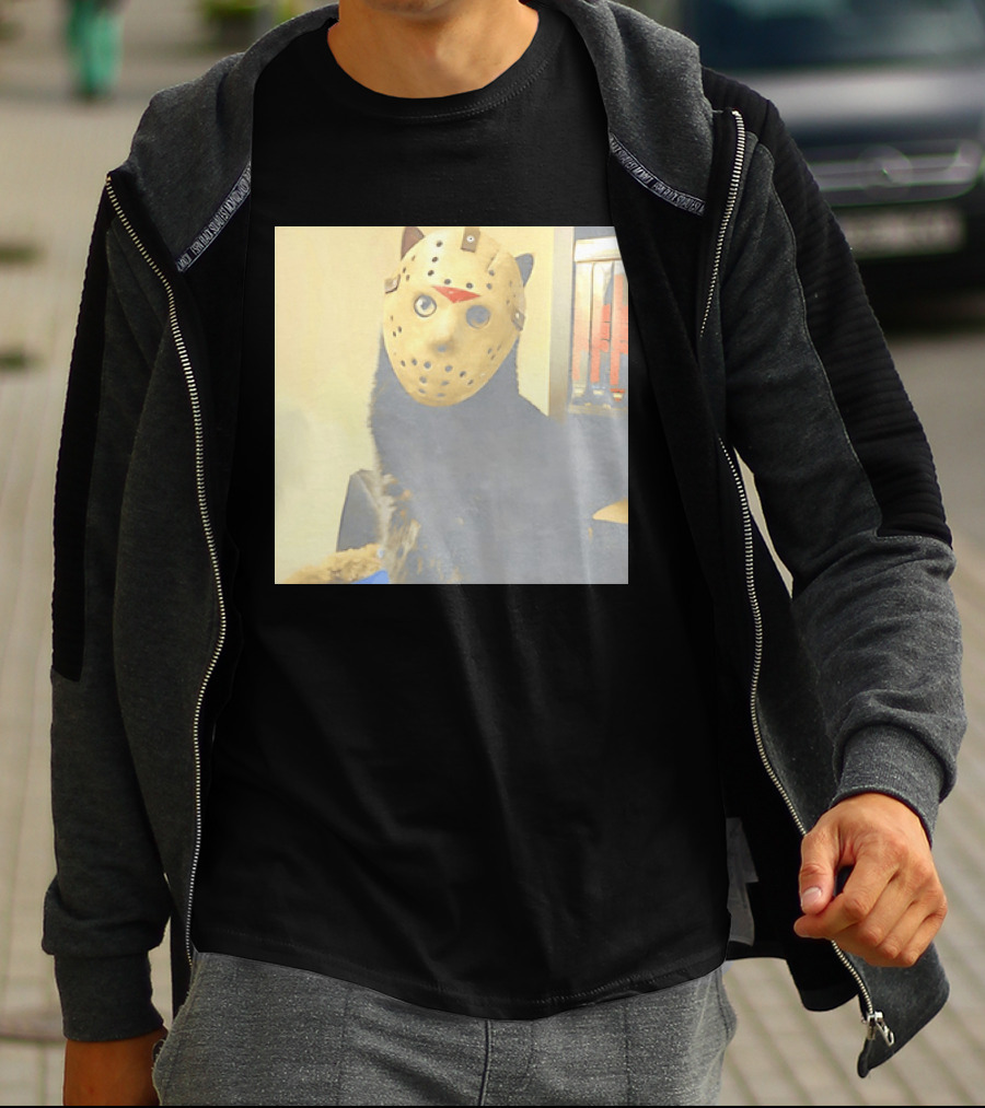 Black Cat In Horror Movie Jason Voorhees Mask T-Shirt