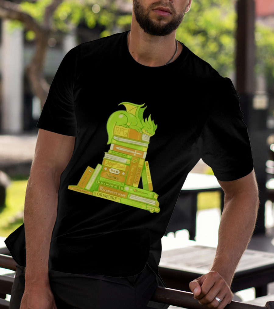 Sleeping Dragon On RPG Fantasy Magic Book Stack Grimoire Wizardry Tales T-Shirt