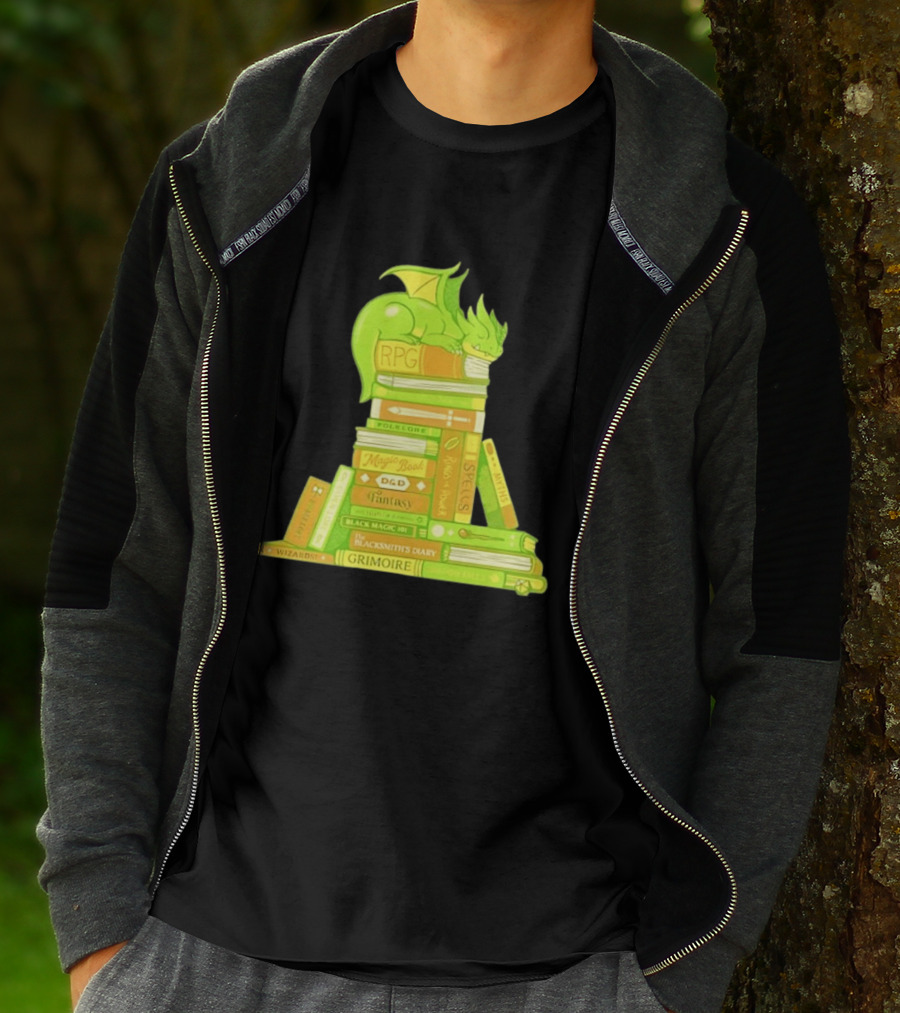 Sleeping Dragon On RPG Fantasy Magic Book Stack Grimoire Wizardry Tales T-Shirt
