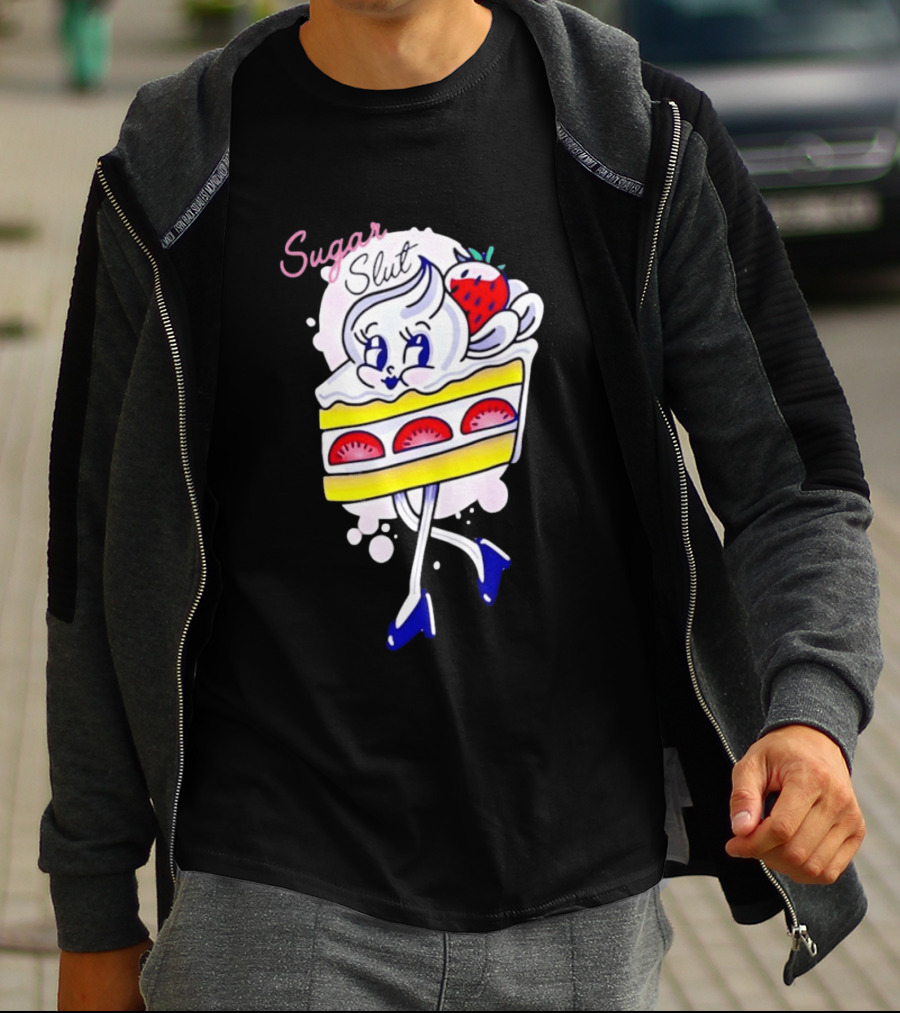 Sugar Slut Strawberry Cake Cartoon Slice With Whipped Cream And Berries T-Shirt