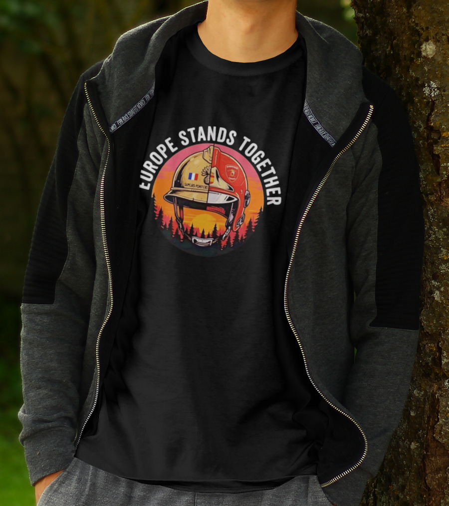 Europe Stands Together Sapeurs Pompiers Bomberos Espana Firefighter Helmet Forest Sunset T-Shirt