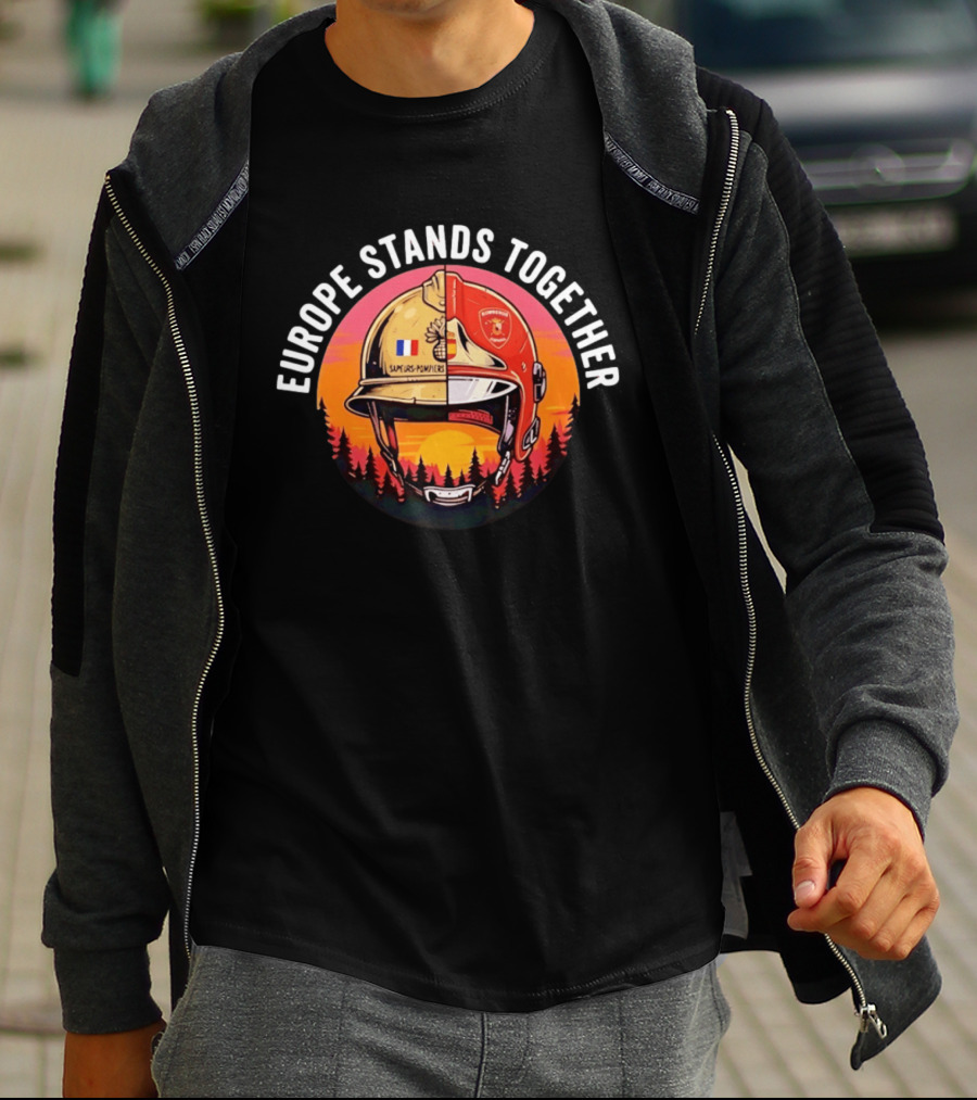 Europe Stands Together Sapeurs Pompiers Bomberos Espana Firefighter Helmet Forest Sunset T-Shirt