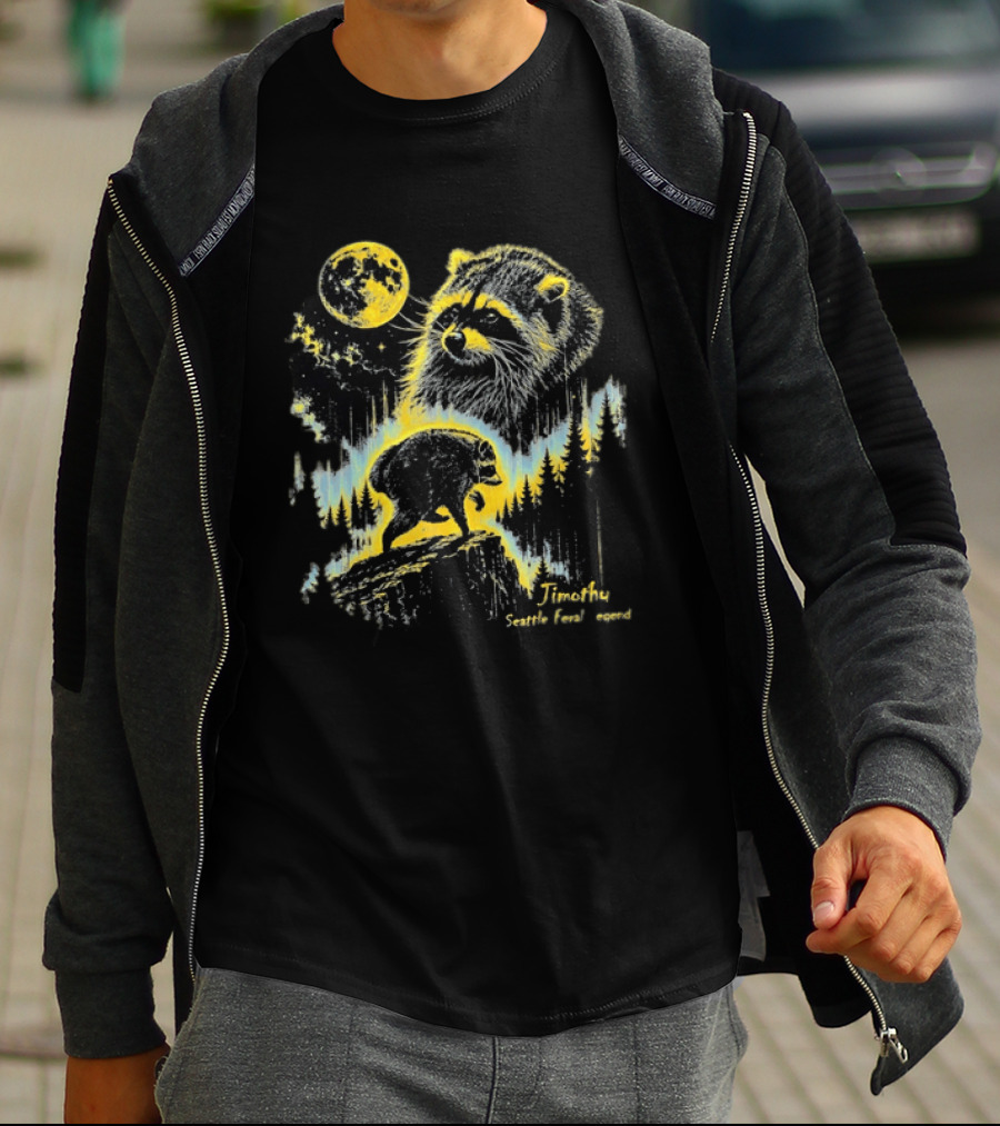 Timothy Seattle Feral Legend Raccoon Wildlife Moon Night Scene T-Shirt