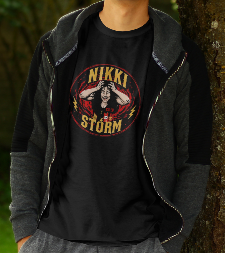 Nikki Stürm Wrestling Character With Lightning Bolts And Red Spiral T-Shirt