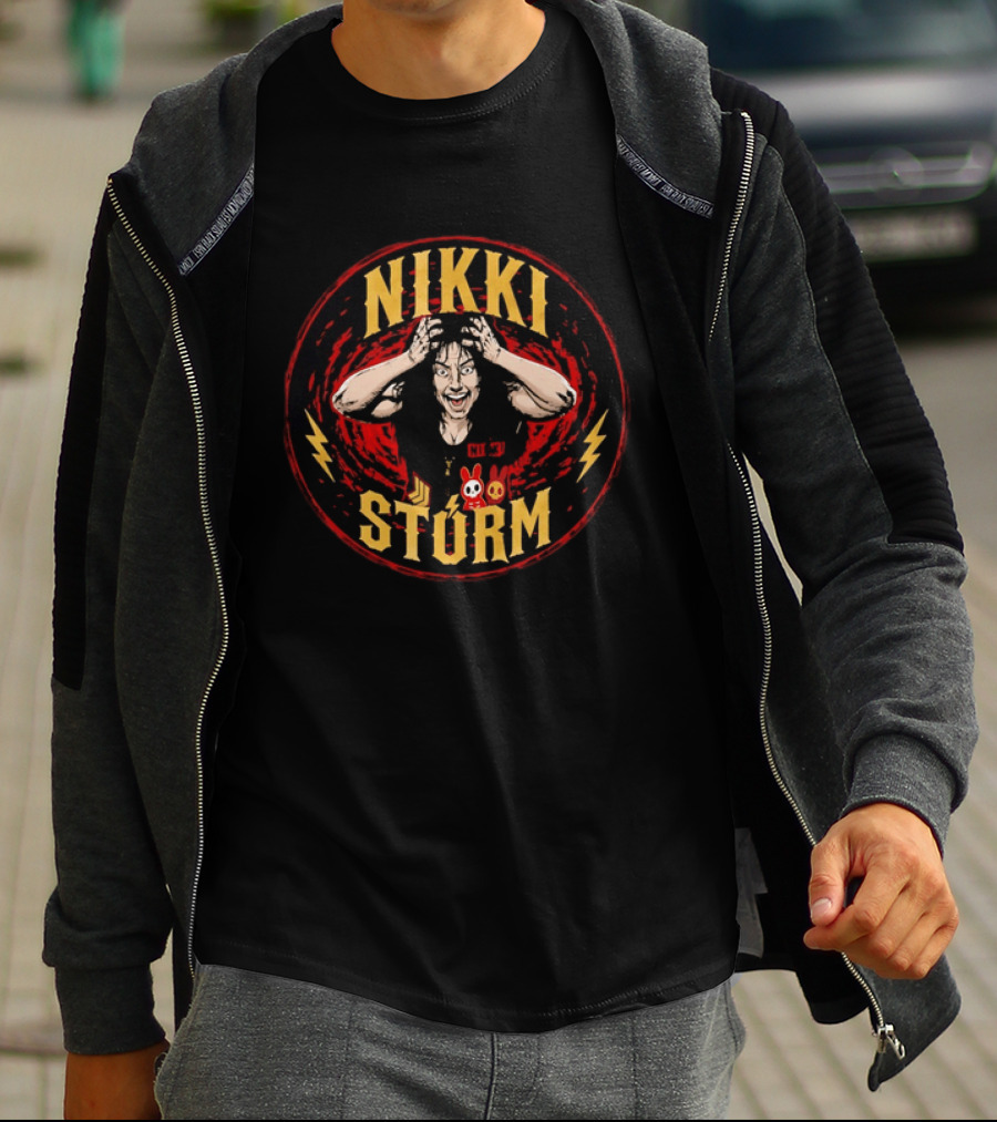Nikki Stürm Wrestling Character With Lightning Bolts And Red Spiral T-Shirt