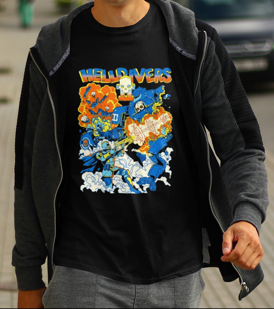 Helldivers Super Earth Soldier Combat Action Explosive Battle Scene T-Shirt